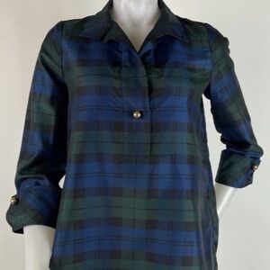 Tuckernuck Green and Blue Blackwatch Plaid French Cuff Celine Blouse Top XL